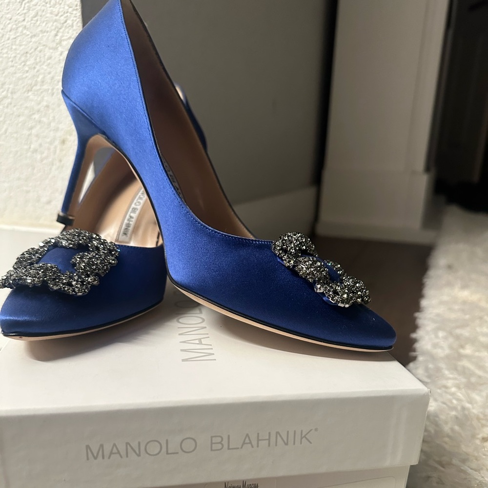 Manolo Blahnik Royal Blue Satin Pumps with Crystal Buckle